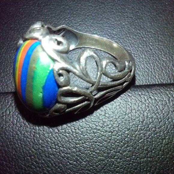 Sterling Ring Sz 8 Rainbow Calsilica Cabochon 925 Vintage - Picture 4 of 8